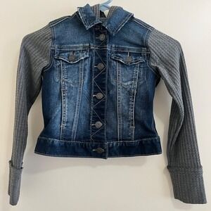 Mudd Girls‎ Hooded Denim Jacket Size 7 Y2K Layered Trucker Thermal Sleeve Casual